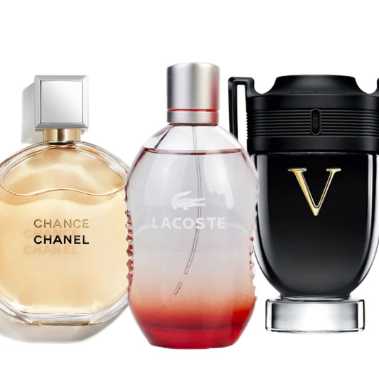 PROMO DE KIT PERFUMES (LACOSTE RED 120 ML + CHANCE CHANEL 100 ML + INVICTUS VICTORY 100 ML) CALIDAD 1.1 PERFUMES HOMBRE Y MUJER